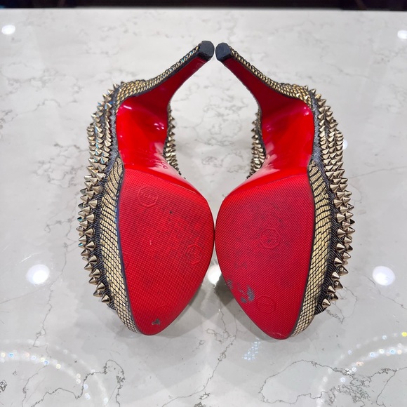 Rare Christian Louboutin Lady Peep Spikes Hematite/Bronze Strass 37.5 - Picture 10 of 15